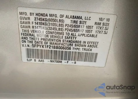 2011 Honda Ridgeline Rt z USA, uszkodzony, nr VIN 5FPYK1F21BB006056